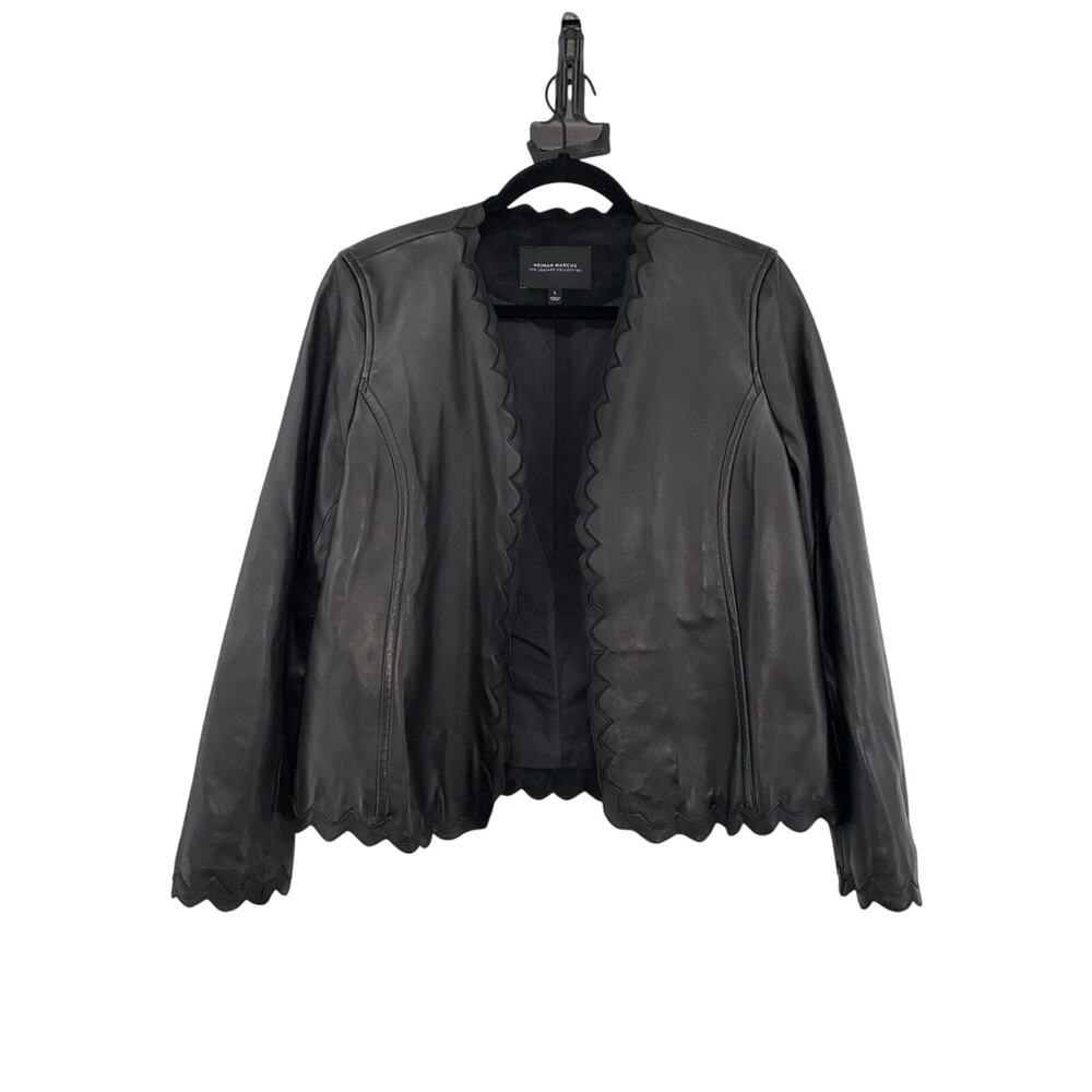 Neiman Marcus Open Front Leather Black Scalloped Edge Jacket Large